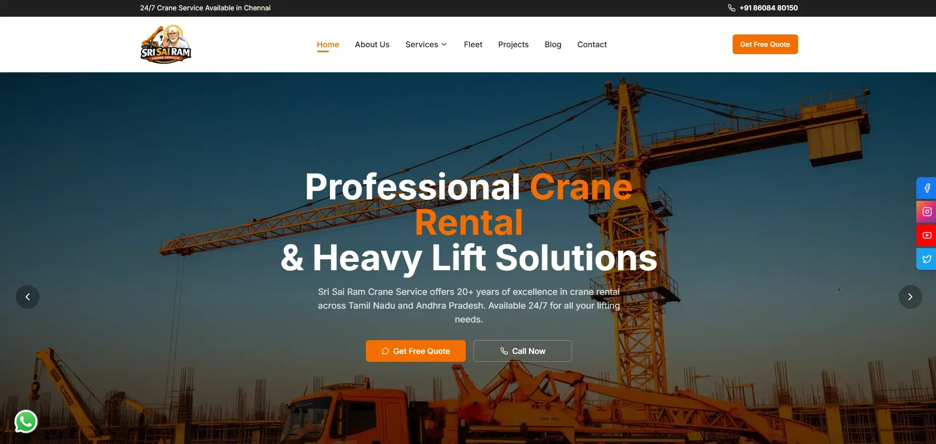Screenshot of the Sri Sai Ram Crane Service website